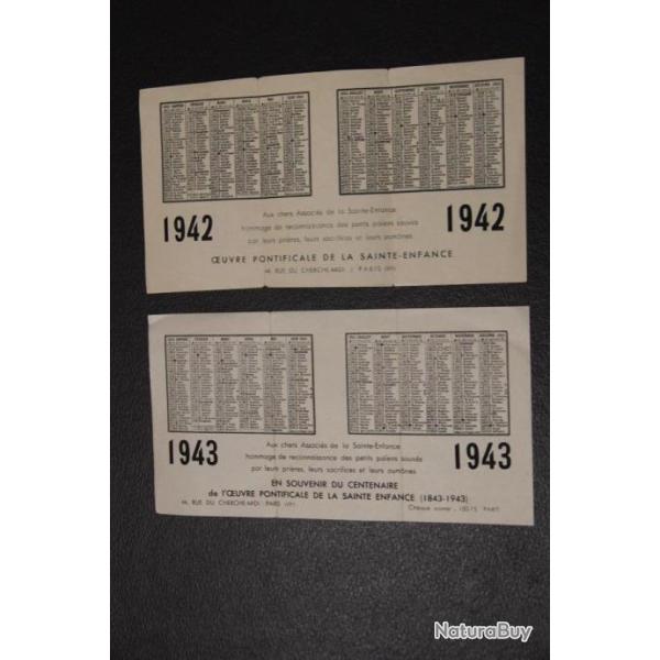 2 CALENDRIERS 1942 ET 1943 OEUVRE PONTIFICALE DE LA SAINTE ENFANCE