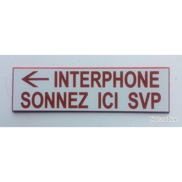 Pancarte adh�sive INTERPHONE SONNEZ ICI SVP fond blanc fleche gauche Format 70x200 mm