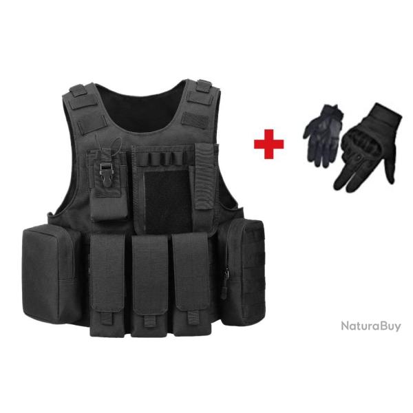 Gilet tactique noir multipoches + Gants tactiques - Airsoft, chasse - Livraison rapide et offerte