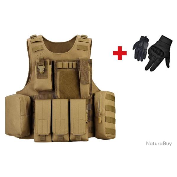 Gilet tactique TAN multipoches + Gants tactiques - Airsoft, chasse - Livraison rapide et offerte