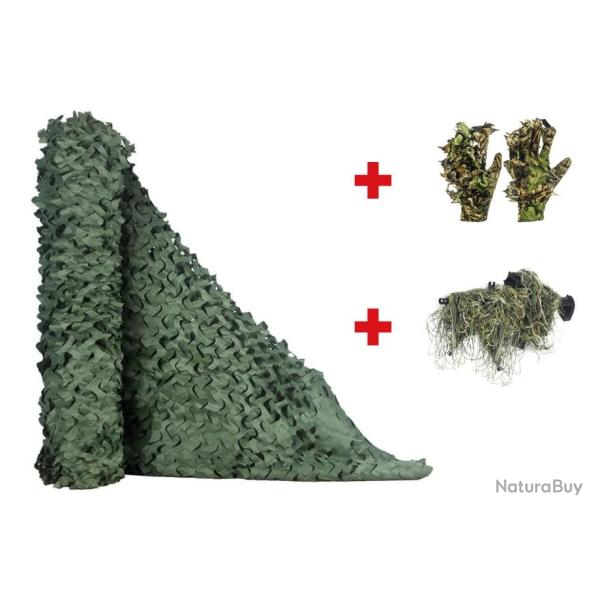 Filet de camouflage vert arm�e 1.5x5 m + Camouflage fusil 3D + Gants camouflage - LIVRAISON GRATUITE