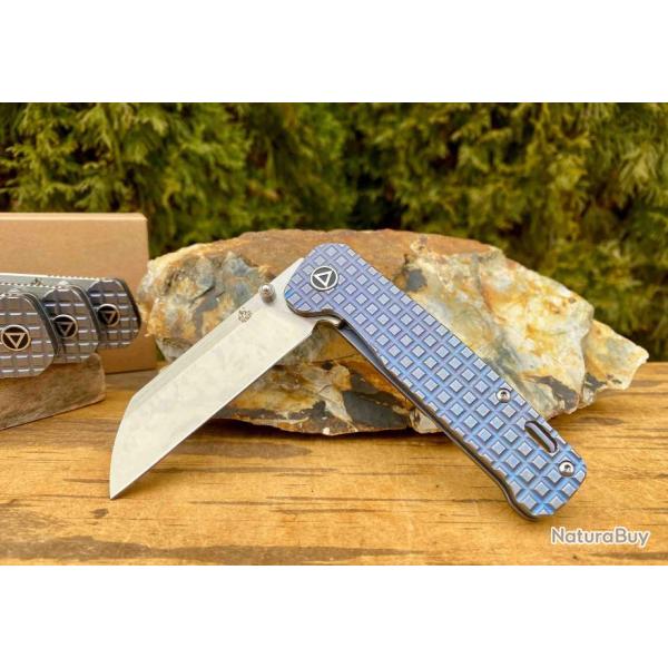 Couteau QSP Penguin Blue Titane Lame Acier 154CM Satin Mche Titane IKBS Framelock Clip QS130RFRG1