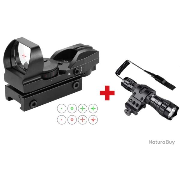 Combo : Point rouge de vis�e 5 niveaux + Lampe tactique 2000 Lm - Rail 20mm