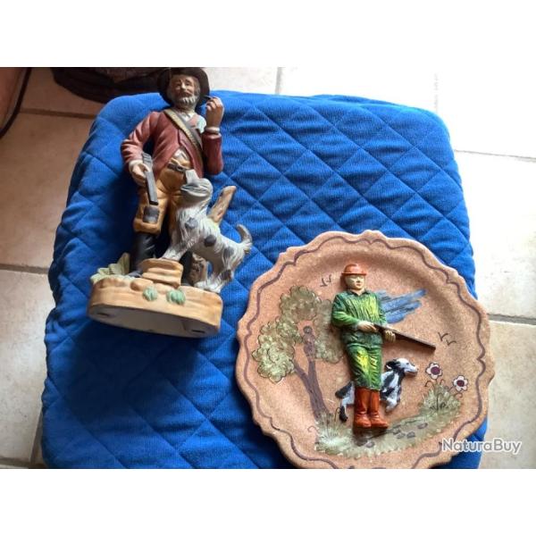 Lot statuette et assiette motifs chasse, pas de prix de r�serve