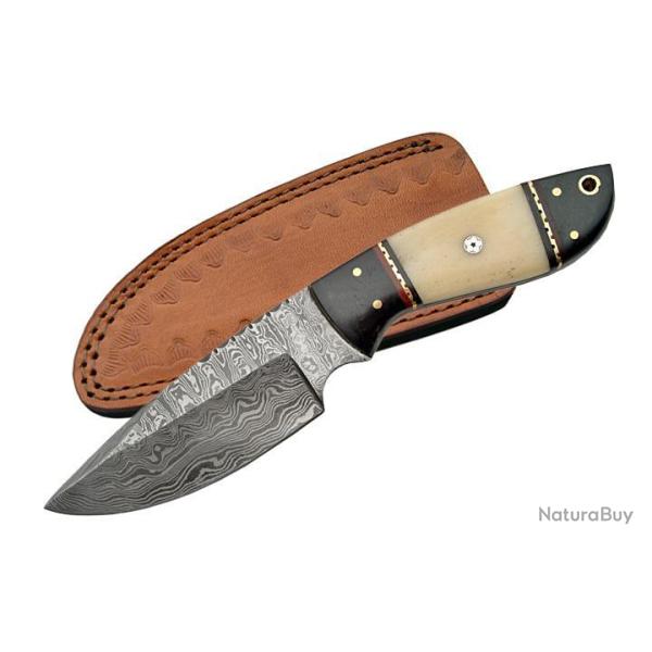 Couteau Damas Fixed Blade White Bone 256 Couches Manche Os/Corne Etui Cuir DM1085