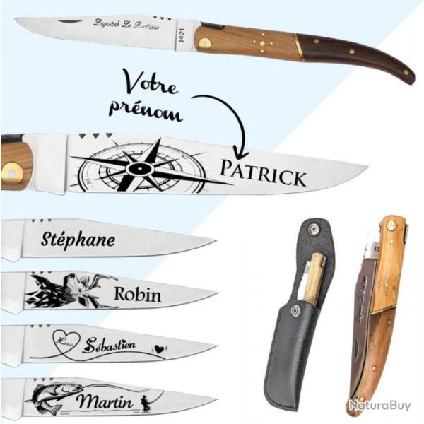 Couteau Lame Personnalisable et Grav�e avec un Pr�nom Bois Type Rustique Cadeau LAGUIOLE
