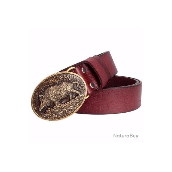 Ceinture en cuir v�ritable marron boucle sanglier
