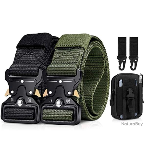 Lot de 2 ceintures tactiques - Noire et verte - Pochette et 2 crochets LIVRAISON GRATUITE ET RAPIDE