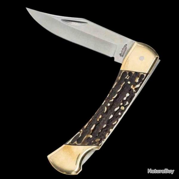 Couteau Schrade Papa Bear LB8 Manche Staglon Lame Acier 7Cr17MoV Lockback Etui Cuir SCH1136005