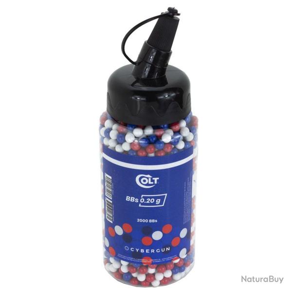 Bouteille de 2000 billes 0,20 gr. airsoft Bleu/Blanc/Rouge (Cybergun)