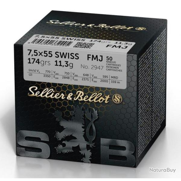 CARTOUCHES Sellier Bellot 7,5�55 SWISS FMJ 11.3g x50