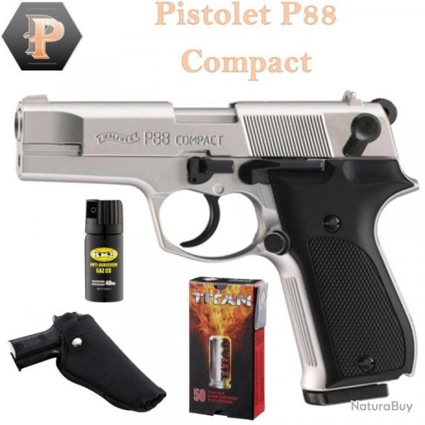 Pack Pistolet ALARME WALTHER P88 CAL. 9 MM PAK NICKEL� + 50 cart + holster + a�rosol