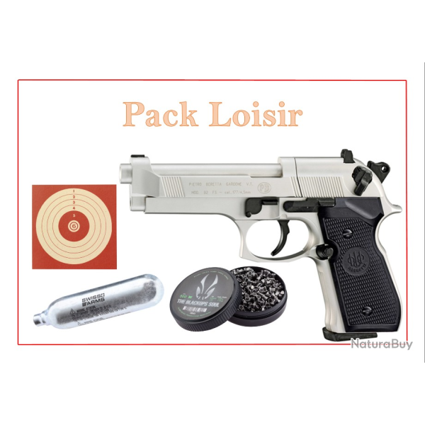 Pack Pist. CO2 M92 FS NICKELE + CIBLES + plombs + capsules CO2