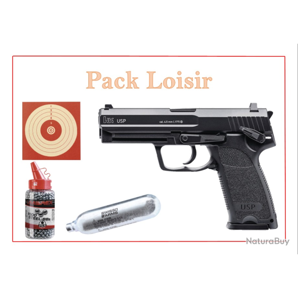 Pack Pist. CO2 USP BLACK HECKLER & KOCH + 1500 Plombs Ronds + 5 capsules CO2 + 100 cibles