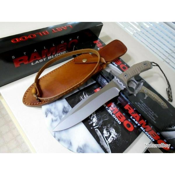 Couteau United Cutlery Rambo Last Blood Bowie Lame Acier 7Cr17 Manche Micarta Etui Cuir UC3461