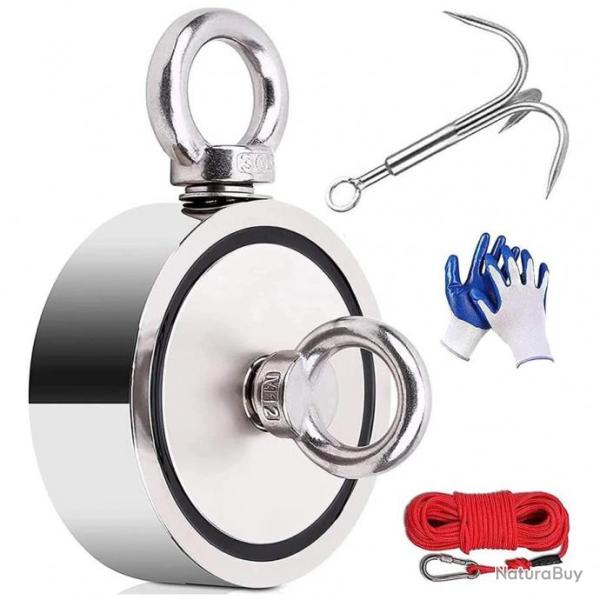 Aimant Nodyme Puissant Double Face Aimant de Peche 770kg 94MM Chasse Au Trsor avec Grapin Corde20m