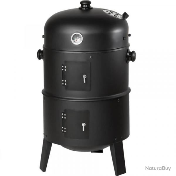 Barbecue Fumoir Grill Acier Noir Vertical 3en1 Fumoir Gibier Boucher Charbon Thermometre