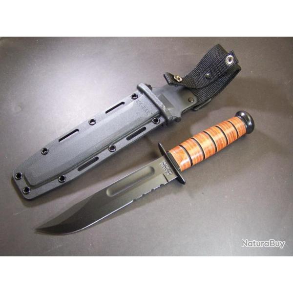 Couteau Ka-Bar USMC Fighting Knife Acier Carbone 1095 Serrated Manche Cuir Etui Kydex USA KA5018