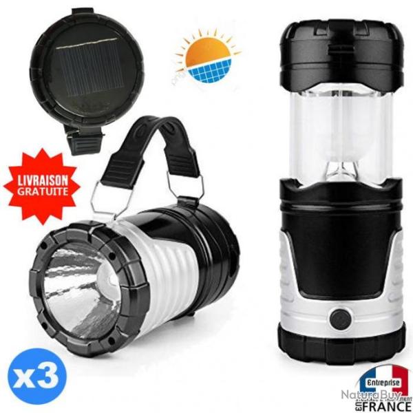 3 x Lampe Lanterne 2 en 1 solaire rechargeable au soleil eclairage pour exterieur