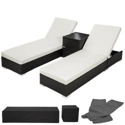 Lot de deux chaises longue bain de soleil en r&eacute;sine tress&eacute; poly rotin noir + table + deux set de ho