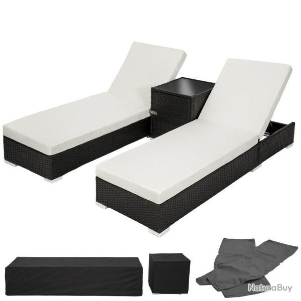Lot de deux chaises longue bain de soleil en r�sine tress� poly rotin noir + table + deux set de ho