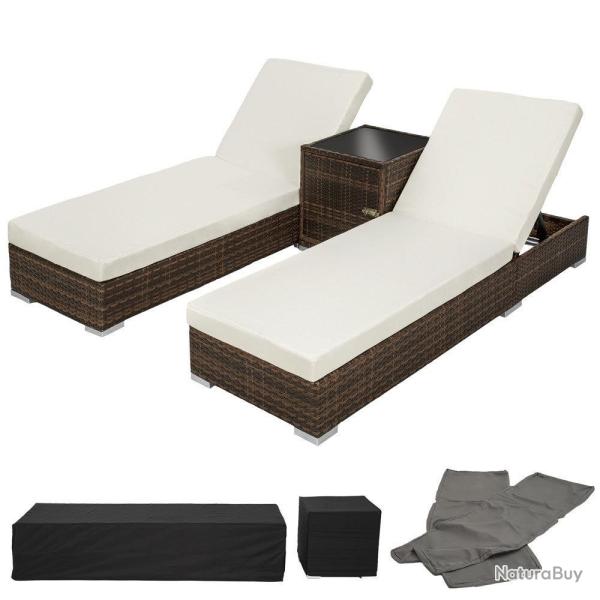 Lot de deux chaises longue bain de soleil en r�sine tress� poly rotin + table + deux set de housses