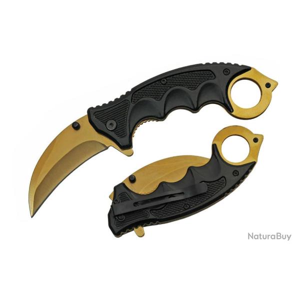 Couteau Karambit Gold A/O Lame Acier Inox Manche Plastique Linerlock Clip CN300497GD