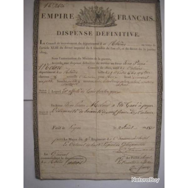 EMPIRE FRANCAIS  1810    DISPENSE MILITAIRE