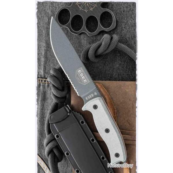 Couteau Esee Model 6 Lame Acier Carbone 1095 Manche Micarta Etui Kydex Made In USA ES6STG