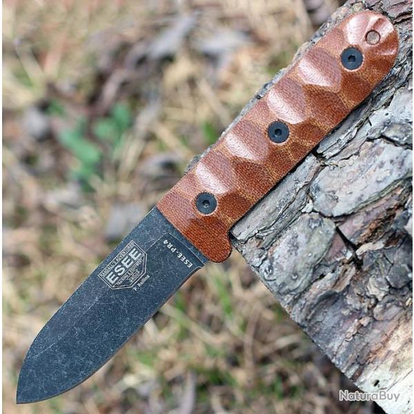 Couteau ESEE Camp-Lore PR4 Lame Acier Carbone 1095 Manche Micarta Etui Cuir Made In USA ESPR4BO