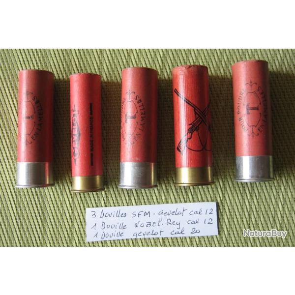 Collection   3 Douilles carton cal 12 SFM-Gvelot + 1 douille Nobel - REY + 1 douille Gvelot cal 20