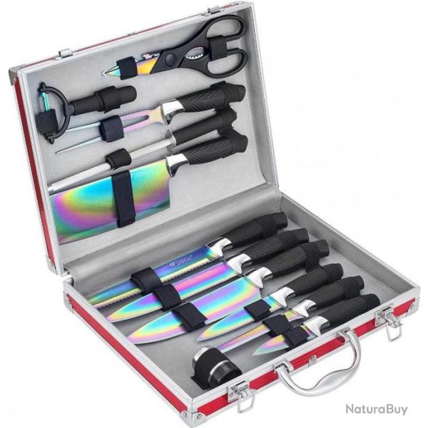 Couteau de Boucher Valise 12 Pi�ces Lame de Rev�tement Titane Chasse Decoupe Gibier