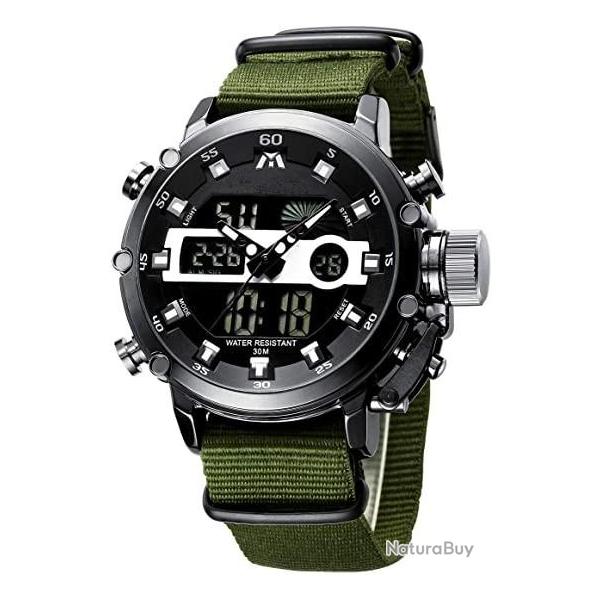 Montre militaire - Montre de sport - Chronographe - Acier inoxydable - Analogique - LED - Vert fonc�