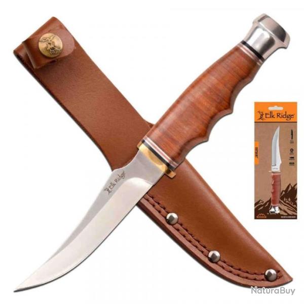 Couteau de Chasse Elk Ridge Outskirt Skinner Lame Acier 8Cr13MoV Manche & Etui Cuir ER20028LBR