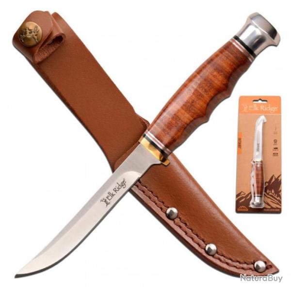 Couteau de Chasse Elk Ridge Outskirt Skinner Lame Acier 8Cr13MoV Manche & Etui Cuir ER20030LBR