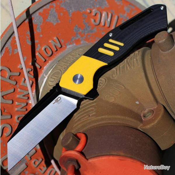 Couteau Bestech Rockface Black/Yellow Manche G10 Lame D2 Wharncliffe IKBS Linerlock Clip BTKG46A