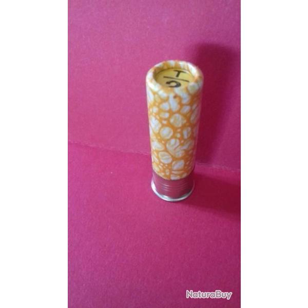 CARTOUCHE ANCIENNE NON RECHARGEE  MANUFRANCE CAL.16 PLOMB 2 BLANCHE TIGREE ORANGE