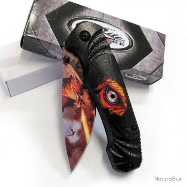 Couteau Dragon Eye Lame Acier Inox Manche ABS Dcor Dragon Linerlock Clip CN300504