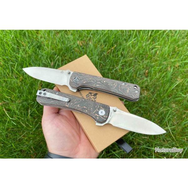 Couteau QSP Hawk Copper Foil Manche Fibre de Carbone/Cuivre Lame Acier S35VN IKBS Clip QS131T