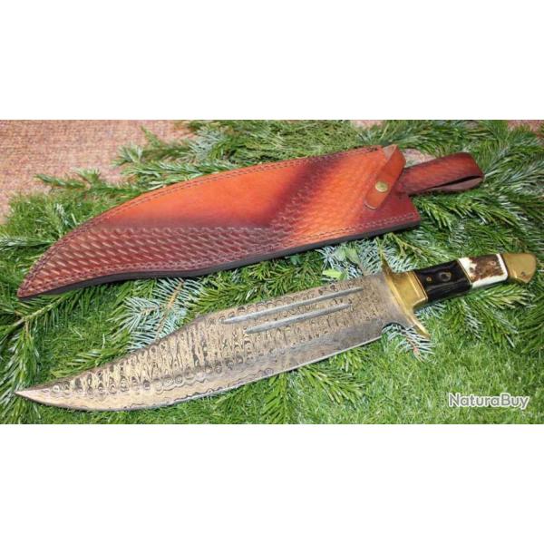 Couteau Rough Ryder Bowie Damas Lame Acier 256 Couches Manche Bois de Cerf/Bois Etui Cuir RR2271