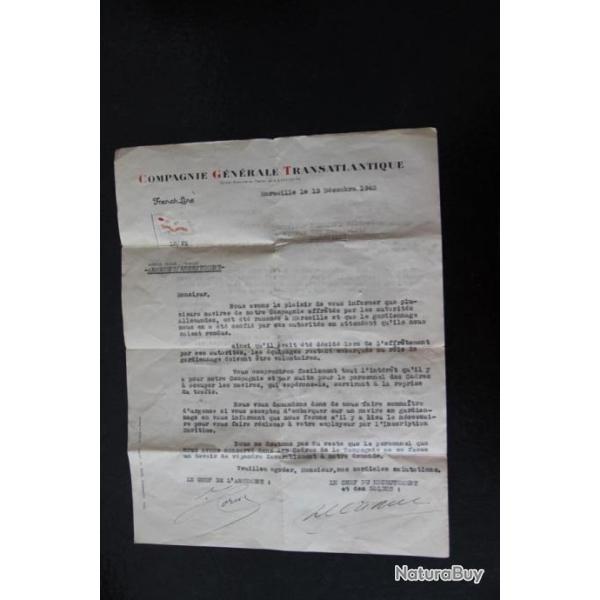 LETTRE RECRUTEMENT SUR NAVIRES AFFRTS PAR LES ALLEMANDS 1943 FRENCH LINE COMPAGNIE TRANSATLANTIQUE