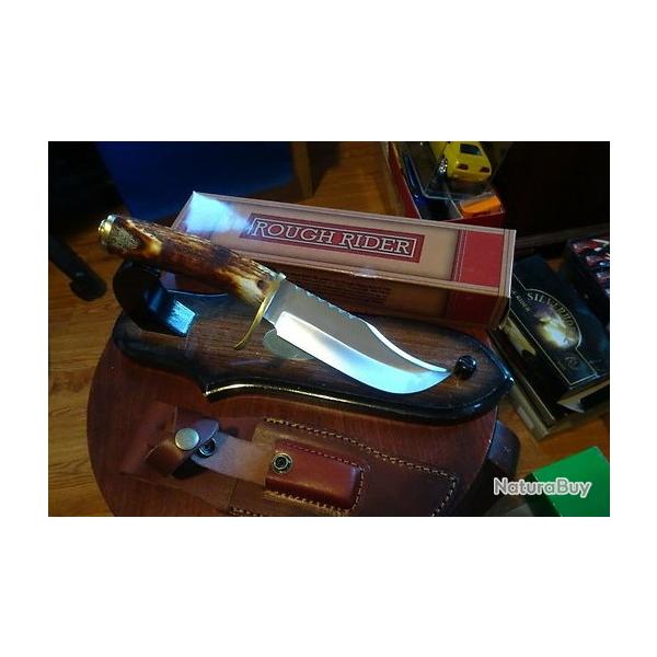 Poignard Lame en Acier Manche en OS de Cerf Pommeau Style boitier balle Etui en Cuir