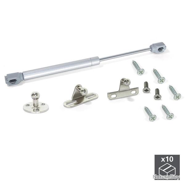 10 Pistons pour portes relevables, force 11 kg, parcours 80 mm, avec fixation, Gris m�tallis� Emuca