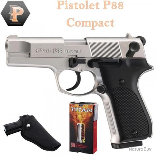 Pack Pistolet ALARME WALTHER P88 CAL. 9 MM PAK NICKEL� + 50 cart + holster