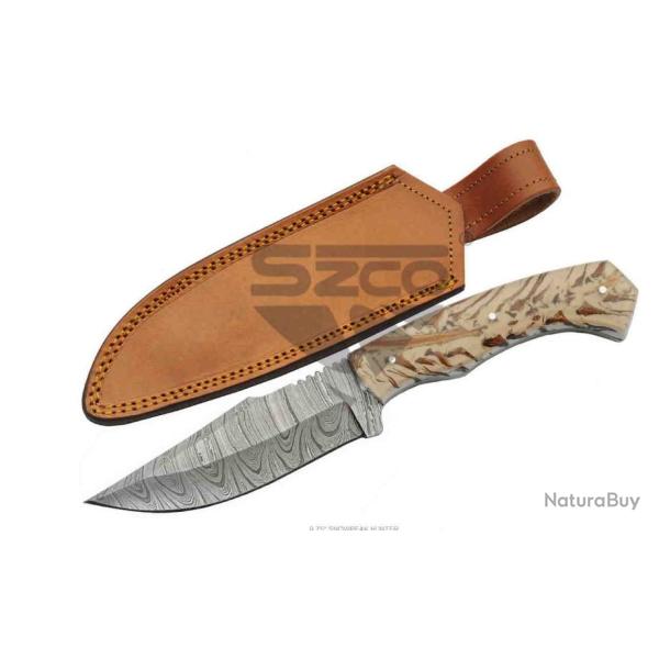 Couteau Damas Snowpeak Lame 256 Couches Manche Acrylique Etui Cuir DM1316