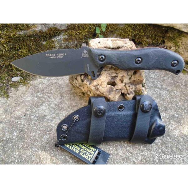 Couteau TOPS Silent Hero 4 Lame Acier Carbone 1095 Manche Micarta Etui Kydex Made USA TPHER0401
