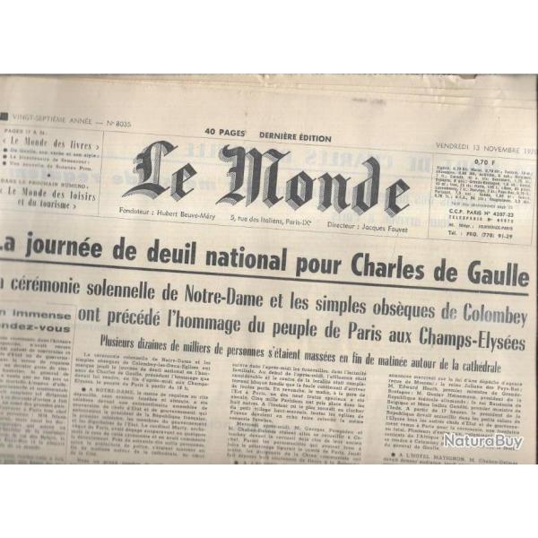 mort du g�n�ral de gaulle journal le monde du 13 novembre 1970