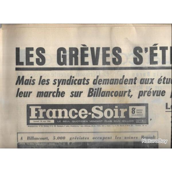 mai 1968 journal france soir 18 mai , les gr�ves s'�tendent, billancourt renault , cohn-bendit