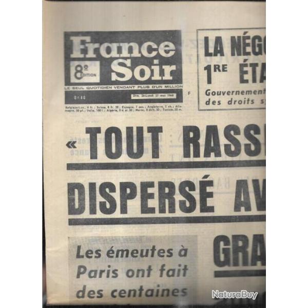 mai 1968 journal france soir 26 mai , �meutes � paris , rassemblement dispers� avec la plus grande �