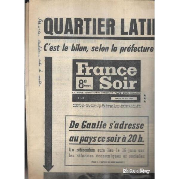 mai 1968 journal france soir 25 mai , quartier latin 200 bless�s, pompidou invite les syndicats cgt-